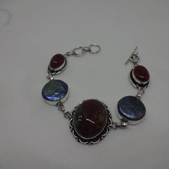 Natural "BLOODSTONE AGATE, BIWA PEARL & CARNELIAN" Handmade Sterling Bracelet - Picture 2 of 3